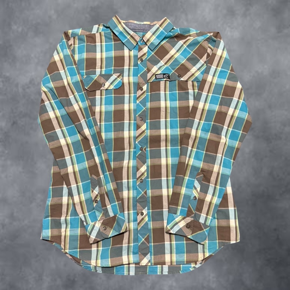 Alpinestars Mens XL Plaid Button Down Shirt Long Sleeve Blue Brown Cotton Casual